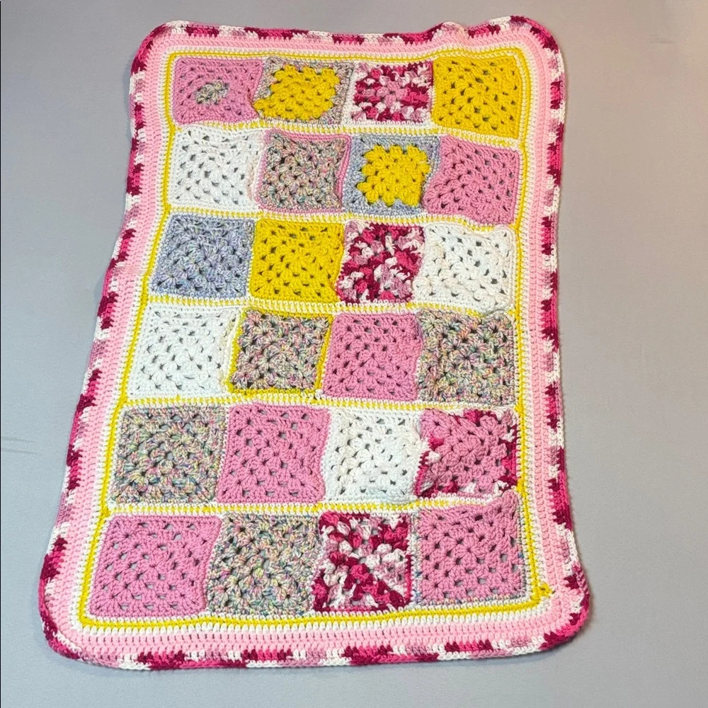Granny Square Girls Crib Blanket Throw 3x2 Pink Yellow Multicolor